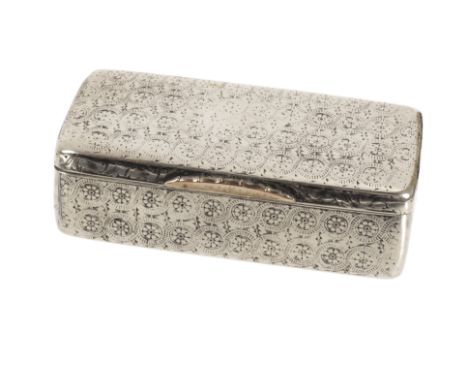 A Russian silver snuff box, having finely engraved roundel designs to rectangular box with gold thumb piece, marked to gilt i