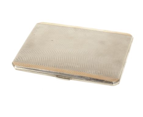 A modern silver and gold inlaid cigarette case, the rectangular engine turned body having a band of gold to each side of the 