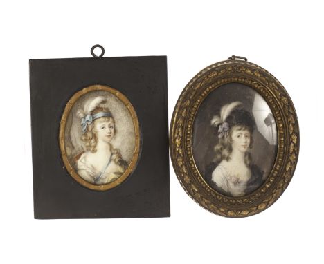 Two Victorian watercolour and bodycolour portrait miniatures, of the same sitter, one in a white dress and pink rose beneath 