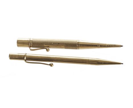 Two 9ct gold vintage retractable pencils, one Baker’s Pointer with engine turned barrel and vacant panel, AF, the other marke