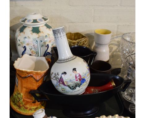 A Tray Containing Oriental Vase and Ceramic Table Lamp Base, Cottage Ware Jug, Various Vases and Jugs 