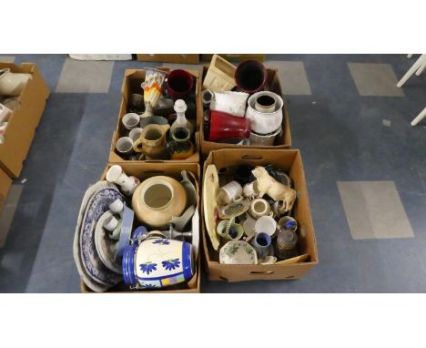 Four Boxes of Ceramics to Include Blue and White Meat Plates, Royal Albert Old Country Rose Vase, Beswick Bull (Horn AF), Var