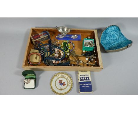 A Tray Containing Costume Jewellery, Playing Cards, Souvenir Spoons, Sugar Bow etc 