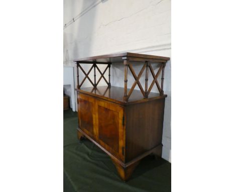 A Modern Crossbanded Yew Wood Rectangular Etagere with Cupboard Base with Raised Display Shelf, Bracket Feet, 72cm WIde 