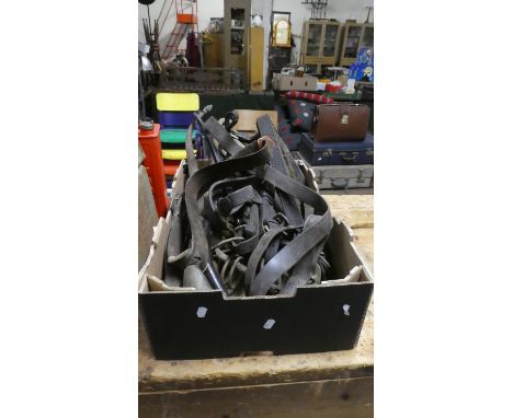A Box of Vintage Heavy Horse Leather Harness, Horse Hames, Cow Bell Etc 