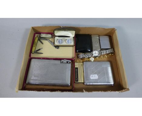 A Collection of Curios to Include Cigarette Case, Lighter, Wrist Watches, Sixpenny Cufflinks, Miniature Penknives etc 