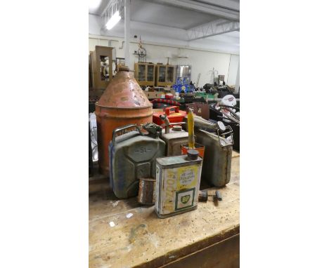 A Collection of Vintage Petrol and Oil Cans to Include ESSO Pump Sprayer etc 