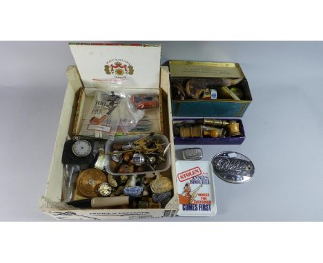 A Box of Collectables to Include Pashley Pelican Rickshaw Badge, Wade Whimsies, Treenware, Vintage Tins, Needlecases, Coins e