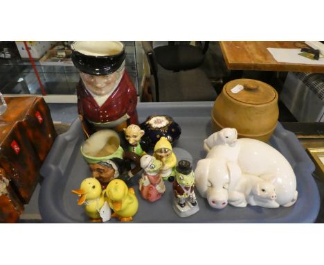 A Tray of Ceramics to Include Figural and Animal Ornaments, Character Jugs, Wooden Tea Caddy etc Little likeable Hide and Sle