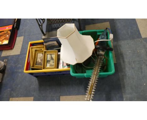 A Box Containing Various Books to Include Orders, Medals and Decorations, Table Lamp, Hedge Trimmer, Prints, Electric Drill e