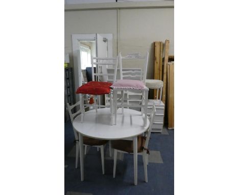 A Collection of White Painted Furniture to Include Circular Dining Table and Four Ladder Back Chairs, Five Shelf Open Bookcas