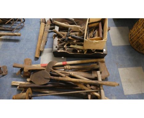 A Collection of Vintage Tools, Hay Knives, Sledge Hammers, Pick Axes etc 