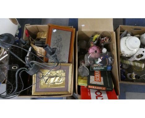 Two Boxes Containing Souvenir Dolls, Board Games, Pictures and Prints, Ceiling Chandelier etc 