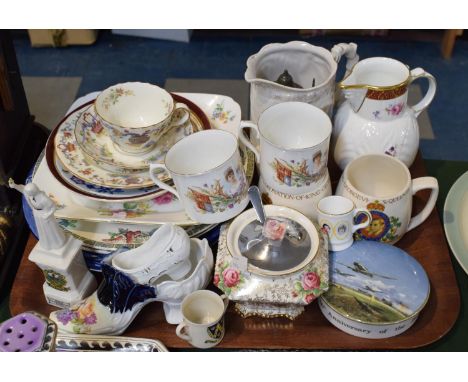 A Tray of Ceramics to Include Royal Worcester Trio, Coalport Mask Head Jug, Coronation Mugs, Decorated Plates etc 