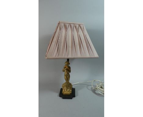 An Art Deco Figural Table Lamp in the Form of Nude Maiden with Bird, Complete with Shade, 50cm High 