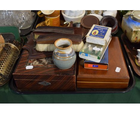 A Tray Containing Scumble Glazed Jewellery Box and Other Work Boxes, Leather Dice Shakers, Vintage Darts and Playing Cards et