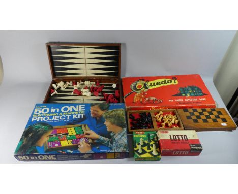 A Collection of Vintage Games to Include Wooden Back Gammon Box Containing Red and White Bone Chess Pieces, Children's Travel