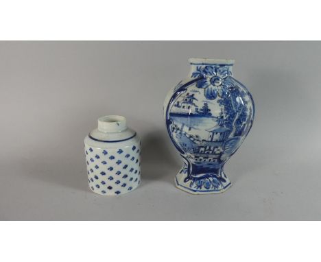 A Dutch Tin Glaze Blue and Whie Vase (af) Together with a Ceramic Tea Caddy of Canister Form (missing Lid) 