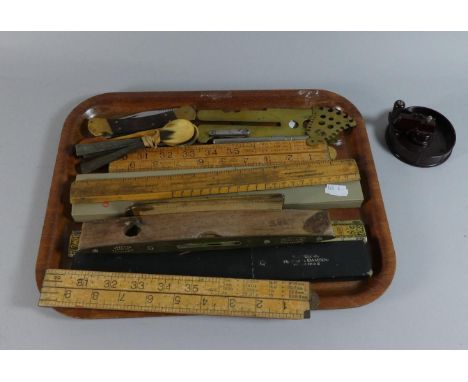 A Collection of Various Vintage Rules, Brass Mounted Penknife, Button Cleaning Guard etc 