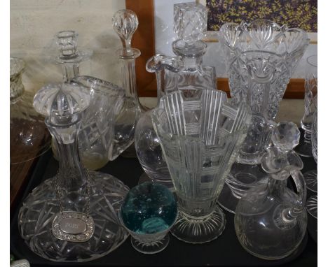 A Tray of Glassware to Include Ships Decanter with Port Label, Carafes and Other Decanters, Vases etc, Victorian Dump Paperwe