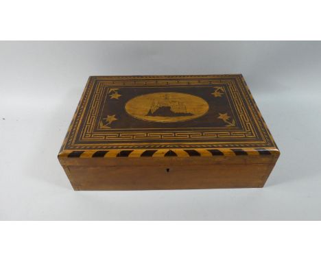 A Killarney Writing Slope with Centre Marquetry Panel Depicting Sea Fort and Parquetry Border with Greek Key and other Geomet