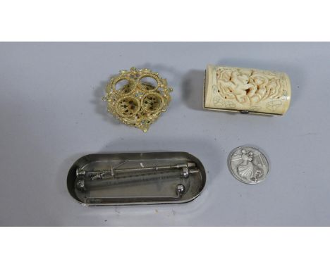 A Vintage Doctors Syringe and Thermometer, Gilt Metal Stand and Oriental Bone Box 