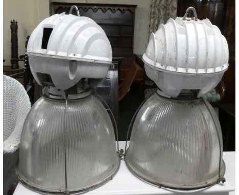 Two Industrial Ceiling Light Units with Glass Shades, 62cm High 