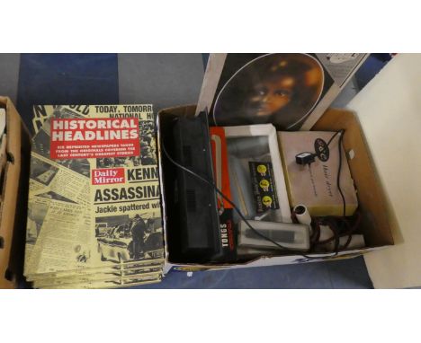 A Collection Six Sets Historical Headlines Newspapers, Box Containing Vintage Hair Dryers etc 