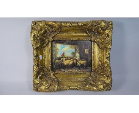 A Heavy Gilt Framed Reproduction Textured Print Depicting Shepherd Feeding Sheep, Frame 45cm Wide 