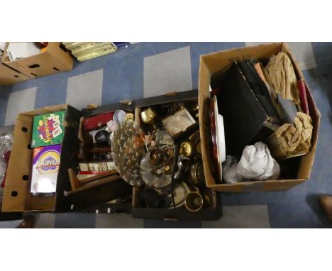 Four Boxes of Sundries to Include Coins, Metalwares, Dominoes and Games, Stool, Records, Wall Clock etc 