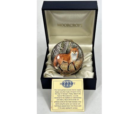 A Moorcroft enamel hand painted pill box decorated with fox, hedgehog and other animals, trial piece, signed F Bakewell and d