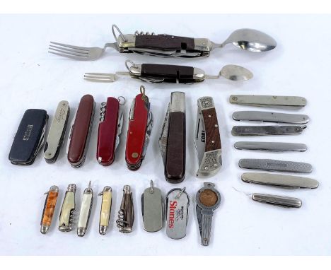 A good selection of penknives of various design and fruit knives, combination knife fork, cork screw, penknife etc