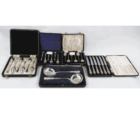 A cased set of 6 hallmarked silver seal top coffee spoons Birmingham 1936, 3 other cased sets and loose cutlery 