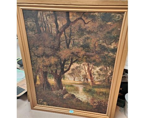 BRITISH, 19th century, WILKINSON? oil on canvas woodland scene with river and boy fishing, indistinctly signed and dated 1889