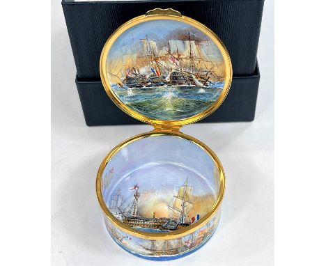 A Moorcroft enamel hand painted pill box depicting a naval battle with French and English men o'war ships, trial piece, signe