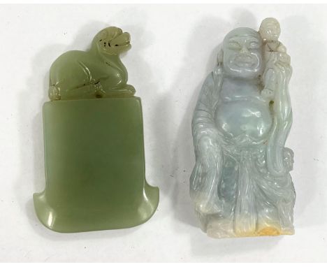 A Chinese hard stone carving in the form of an axe head with dog to top and a buddha with Smether figure, 8cm 