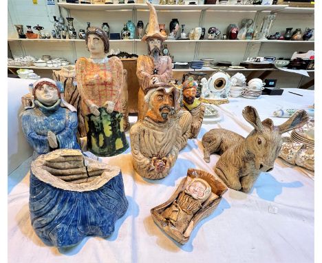 A 1950's German Lava ware centre light; an unusual stoneware Nativity set 
