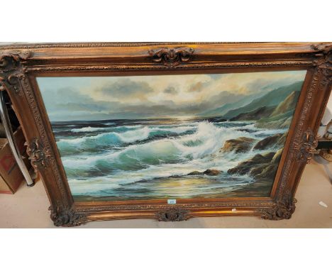 Oil on canvas, seascape, signed, 60 x 90cm, gilt framed 