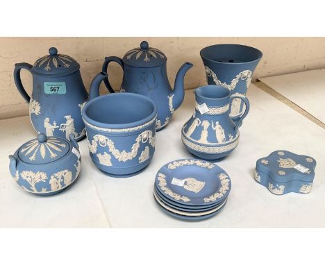 A selection of Wedgwood light blue Jasperware:&nbsp; 2 coffee pots; etc., 12 pieces approx 