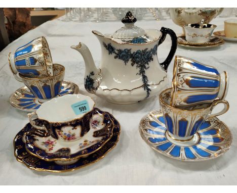 Hammersley &amp; Co Dresden Sprays Trio set; 2 Ridgeway powder blue gilt trio sets and a Selby teapot.&nbsp;&nbsp;Hammersley 