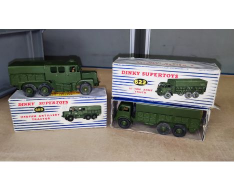 Two originally boxed vintage Dinky super toys military vehicles: 622 - 10 Ton Army Truck and 689 medium artillery carrier tra