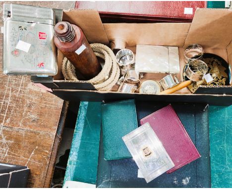A MOP card case; a 1930's cigarette case/lighter; two vintage bank money boxes a fish canteen service and collectables. 