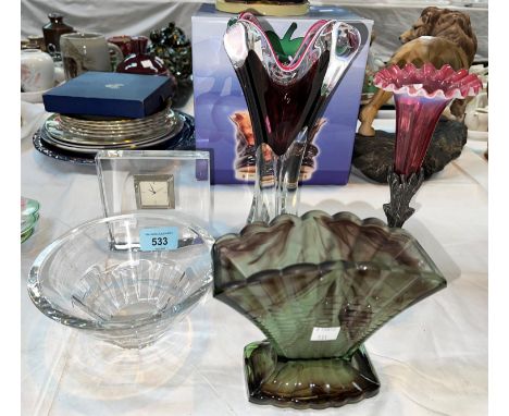 A Waterford modernist design mantel clock, height 12 cm; a similar 'Stuart fruit bowl; 3 other pieces of glassware 