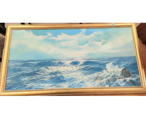 An oil on canvas seascape, signed De Rosa, in gilt, framed, 48 x 99cm and a David shepherd print. 