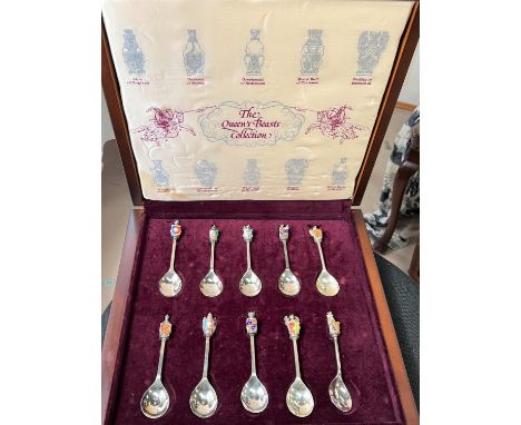 A cased set of limited edition hallmarked silver 'The Queen's Beasts Collection' of spoons, each with different beast to the 