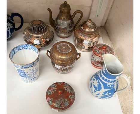 An early 20th century Japanese satsuma teapot and 2 covered vases, red seal mark to bases (each a.f.); other oriental china 