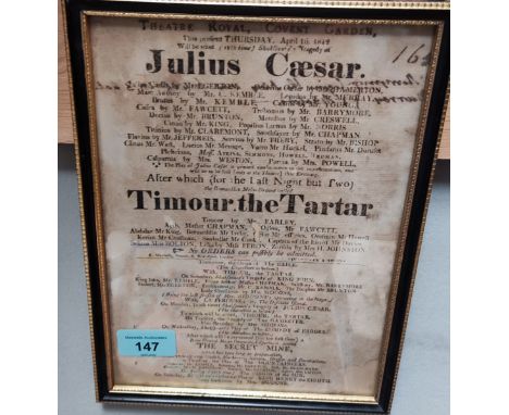 A framed Theatre Royal Covent Garden 1812 leaflet for Julius Caesar by William Shakespeare&nbsp; 