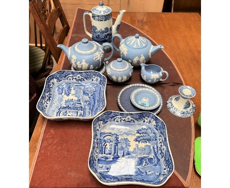 Two Wedgewood Jasperware teapots, a sugar + milk jug, other Wedgewood + a small set of Spode Italian. 