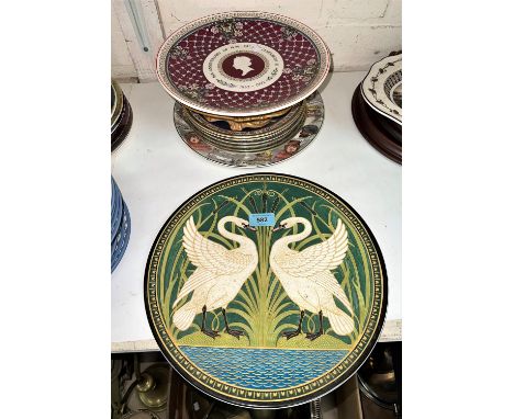 A large Mason 's plate:  Swans by Walter Crane; Royal Doulton and other decorative plates; a set of 6 "Arthurian Legend" plat