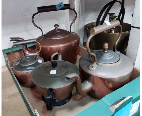 Three 19th century copper kettles; a teapot 